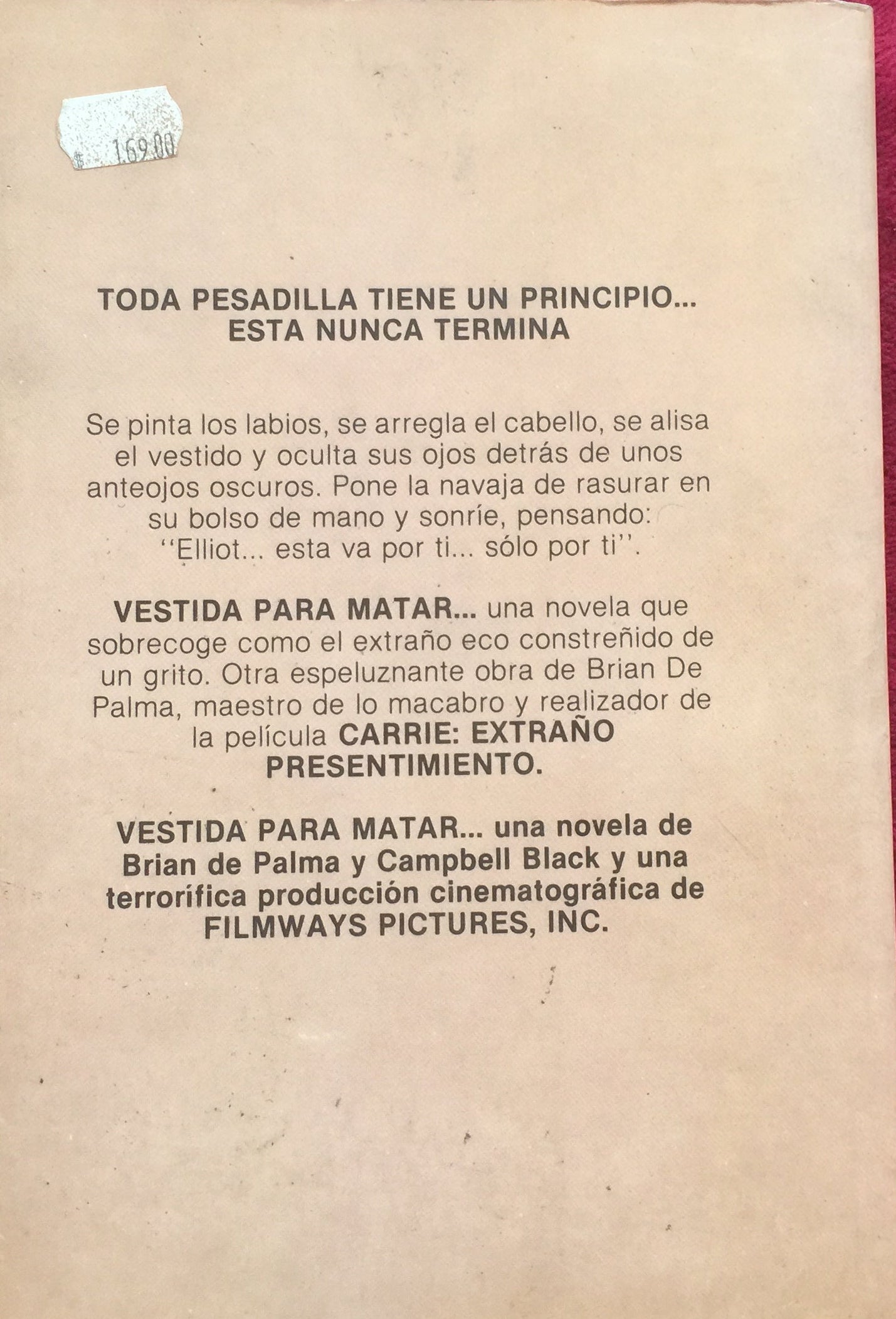 Vestida para matar. Brian de Palma, Campbell Black. Libro. tienda de discos en méxico formato muerto
