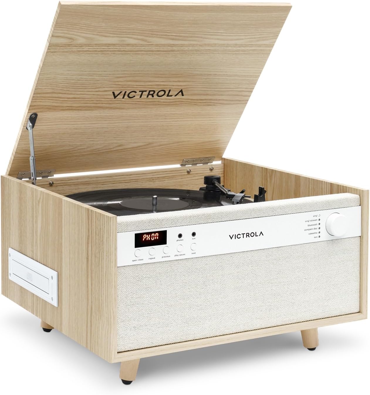 Victrola Century - Tocadiscos Bluetooth 6 en 1 - Natural Centro Musical de Mediados de Siglo Reproduce Vinilo, CD, Casete y Auxiliar, VINYLSTREAM transmite Discos a Altavoces Bluetooth. Nuevo.