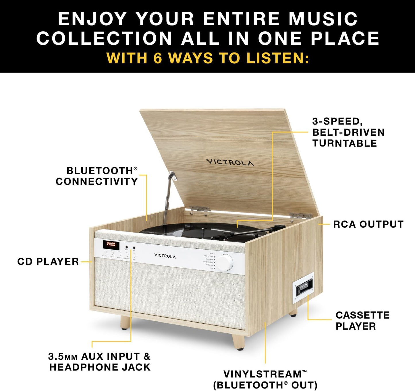 Victrola Century - Tocadiscos Bluetooth 6 en 1 - Natural Centro Musical de Mediados de Siglo Reproduce Vinilo, CD, Casete y Auxiliar, VINYLSTREAM transmite Discos a Altavoces Bluetooth. Nuevo.