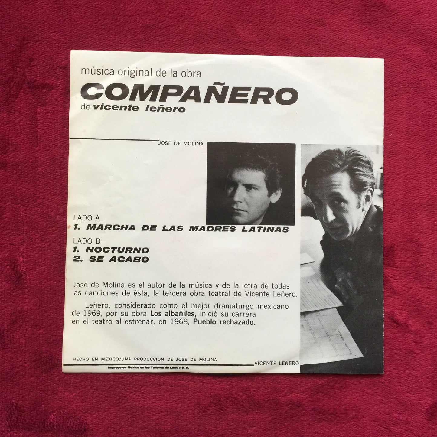 Música original de la obra COMPAÑERO de Vicente Leñero. JOSE DE MOLINA. Vinilo 7". formato muerto