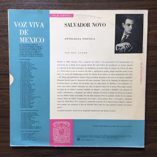 Salvador Novo. Voz Viva de Mexico. UNAM. Vinyl en excelente estado.