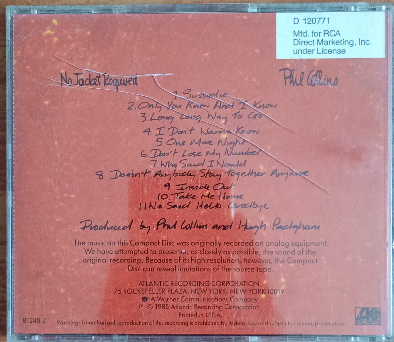 Phil Collins – No Jacket Required (CD importado, en excelente estado) tienda de discos en méxico formato muerto