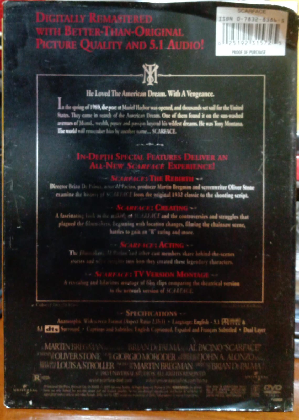 Scarface (Widescreen Two-Disc Anniversary Edition excelente estado). tienda de discos formato muerto