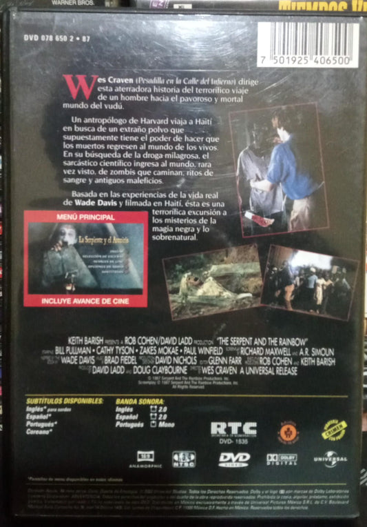 La Serpiente y el Arcoíris. Wes Craven. DVD en buen estado. tienda de discos en méxico formato muerto