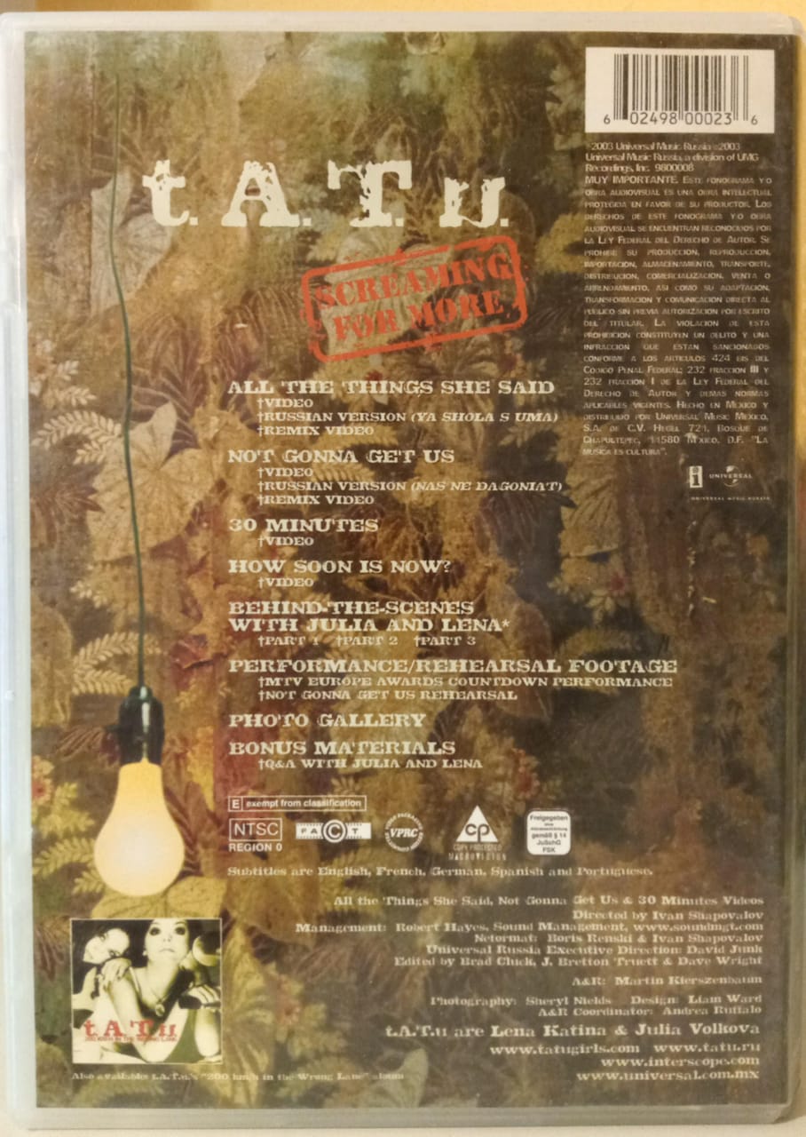 t.A.T.u. – Screaming For More. DVD con póster. Raro. tienda de discos en méxico formato muerto