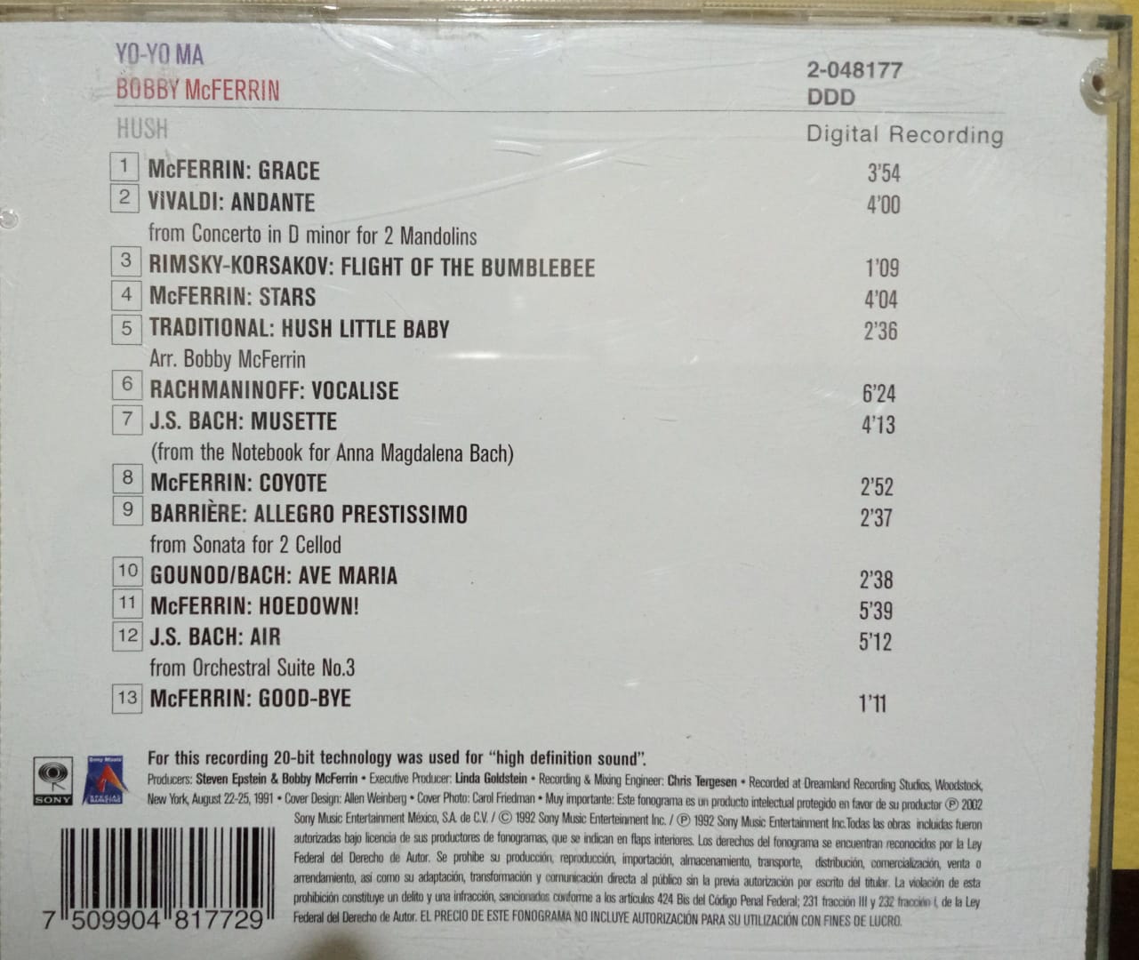 Yo-Yo Ma • Bobby McFerrin – Hush. CD. tienda de discos en méxico formato muerto