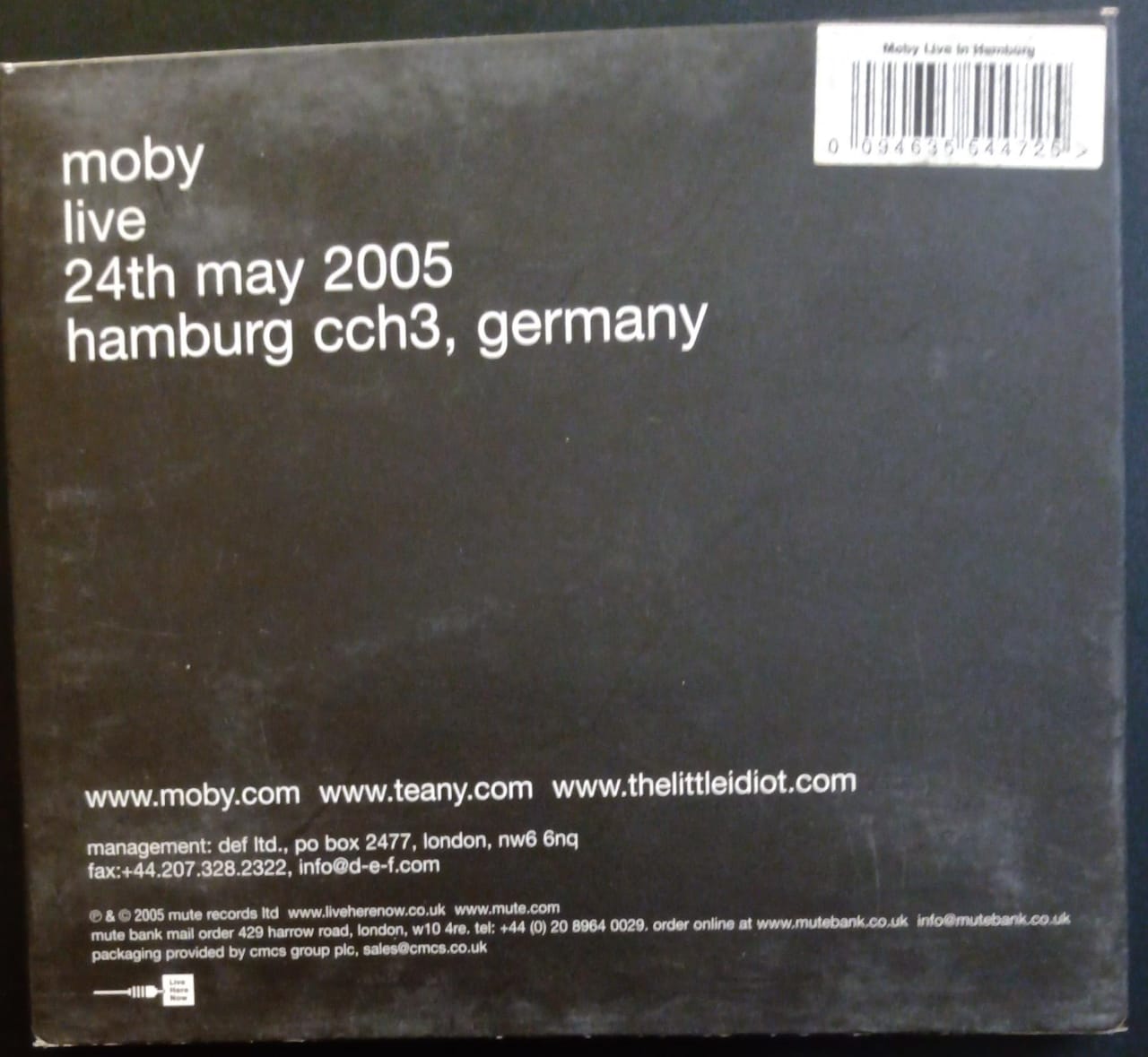Moby – Live 24th May 2005 Hamburg CCH3, Germany. Cd doble excelente estado. tienda de discos en méxico formato muerto
