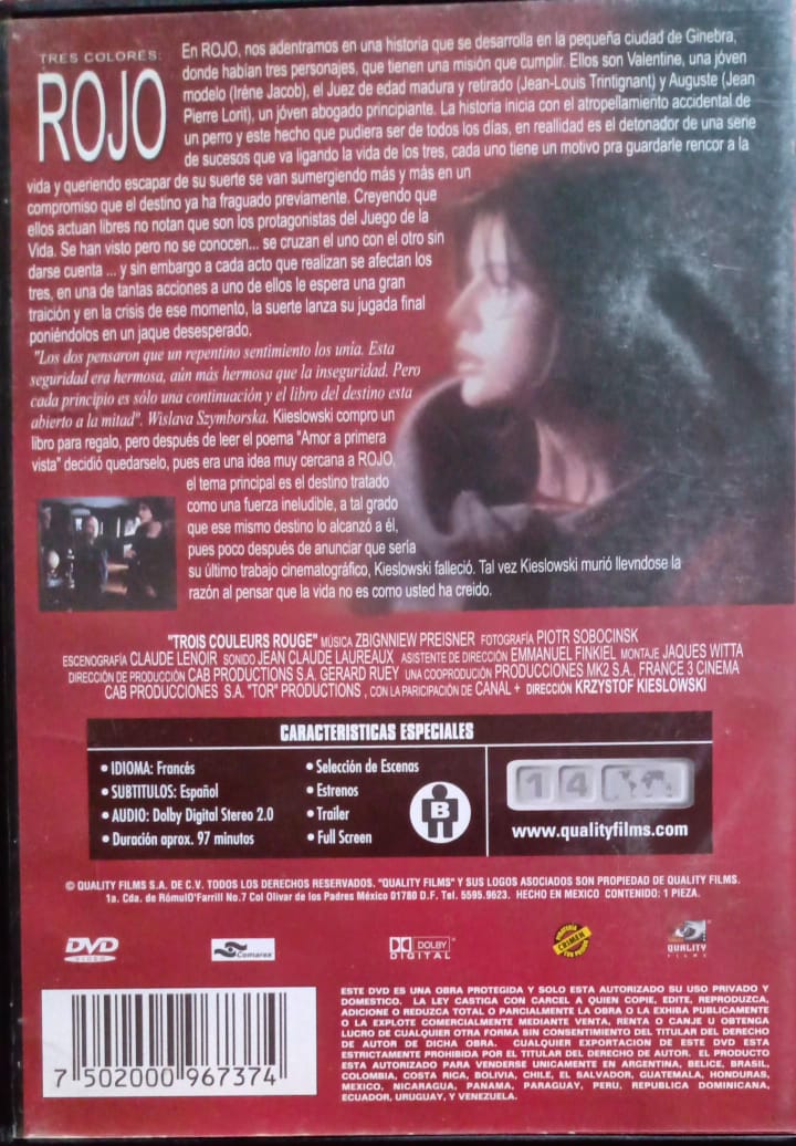 Tres Colores: Rojo. Krzysztof Kieslowski. Dvd. tienda de disos en méxico formato muerto