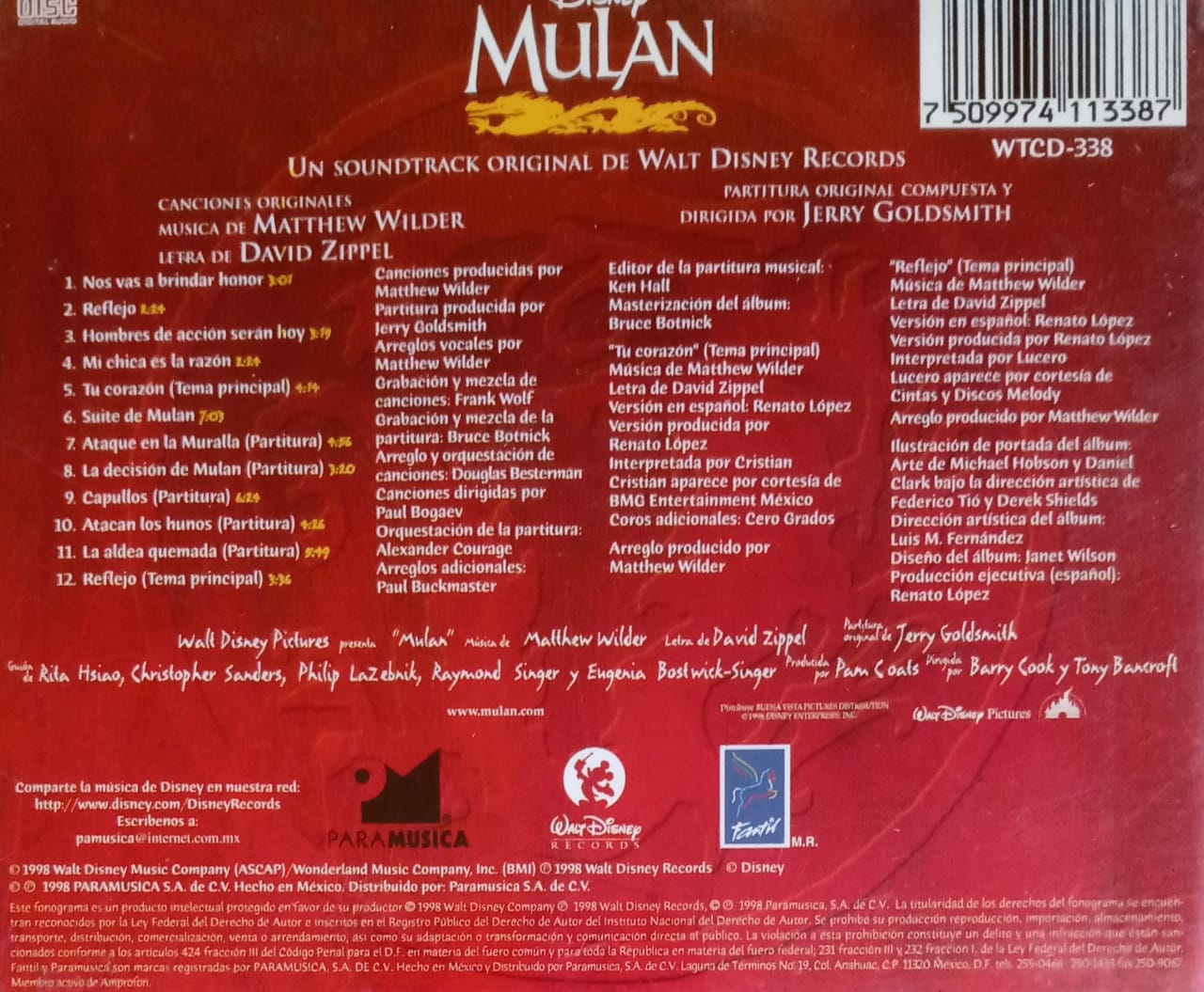 Mulán (Ost Soundtrack Original De Walt Disney Records). Cd.