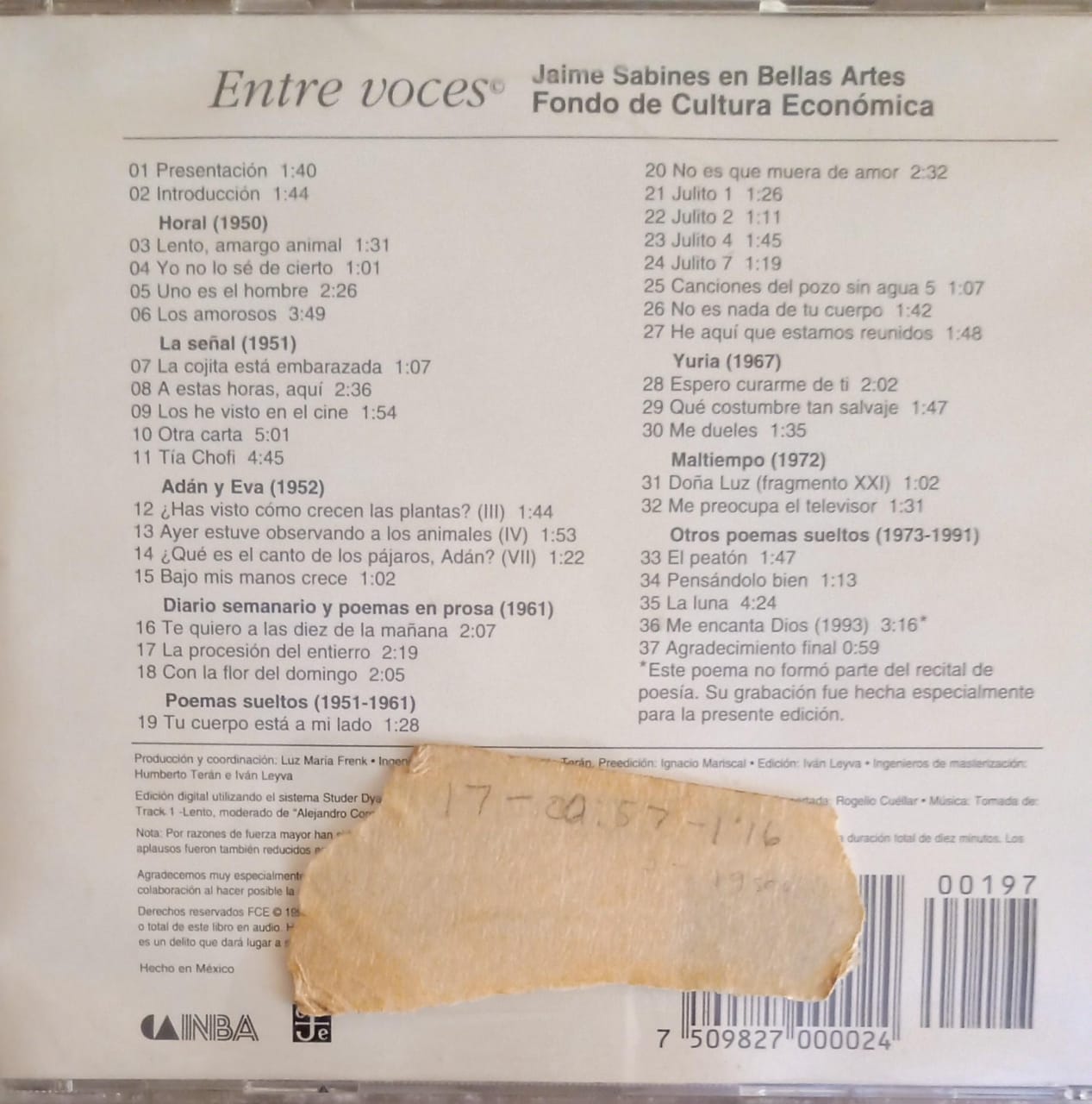 Jaime Sabines – Jaime Sabines En Bellas Artes. Cd.