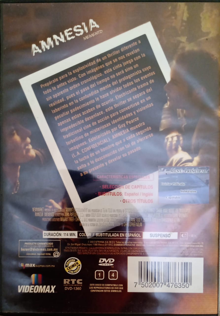 Amnesia. Título original: Memento. DVD.