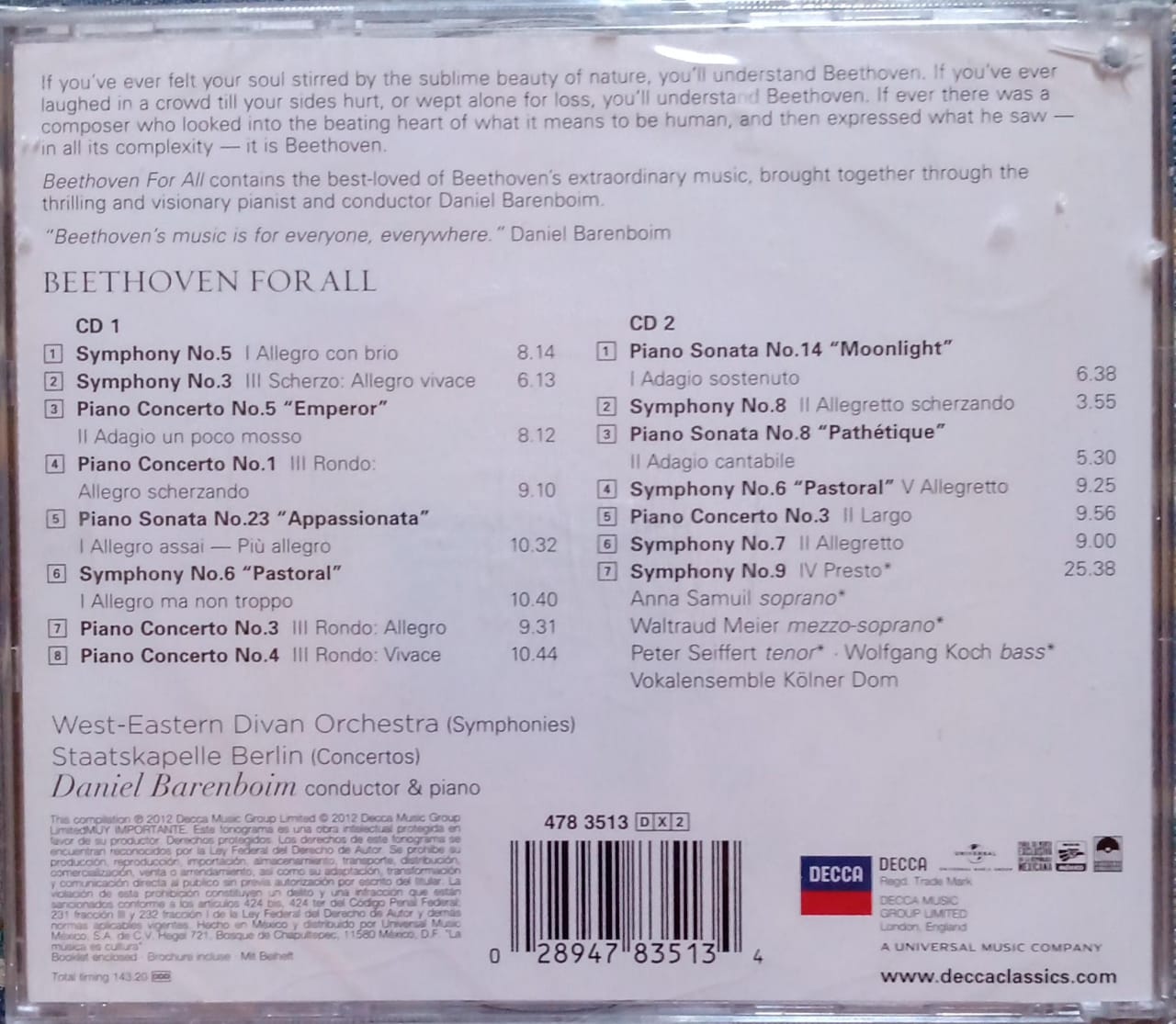 Daniel Barenboim - Beethoven – Beethoven For All: Music Of Power, Passion And Beauty. Cd doble nuevo.