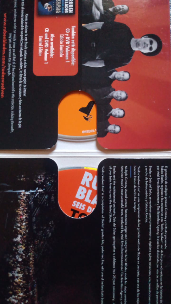Ruben Blades, Seis Del Solar – Todos Vuelven Live • Vol. 2. Cd y DVD excelente estado.