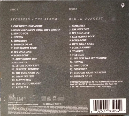 BRYAN ADAMS – Reckless. Cd doble excelente estado.