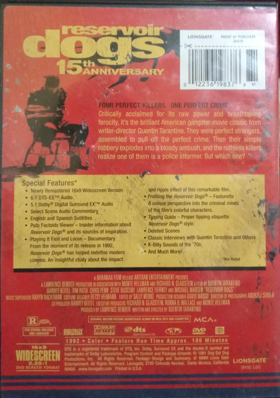 Perros de reserva. Reservoir Dogs. DVD doble. 15 years.