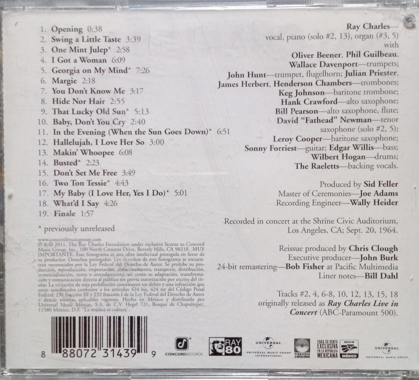 Ray Charles – Ray Charles Live In Concert. CD buen estado.